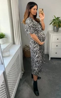 Buy ✨ Bella And Blue Black And White Animal Print Satin Midi Wrap ???? Dress ???? -Zack Sales Store naomi bellaandblue 13.10.2214