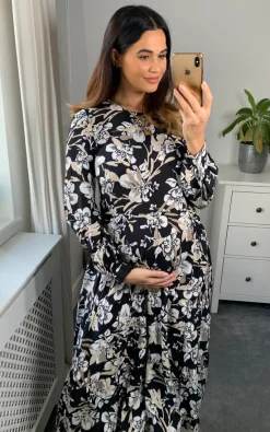 Best Pirce ???? Bella And Blue Black And White Sketched Floral Print Long Sleeve Smock ???? Dress ✔️