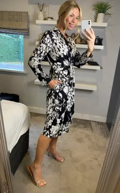 New ⌛ LOVE SUNSHINE Black Multi Print Knot Waist Midi ???? Dress ????