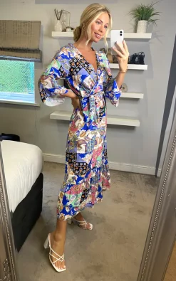 Buy ???? Yumi Scarf Print Wrap ???? Dress With Fluted Sleeves In Blue ????