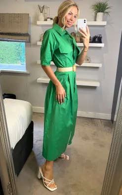 Buy ???? Yumi Cotton Utility ???? Shirt ???? Dress With Woven Belt In Green ????