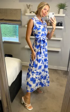 Top 10 ✨ Yumi Cotton Palm Print Tiered Midi ???? Dress In Blue ????