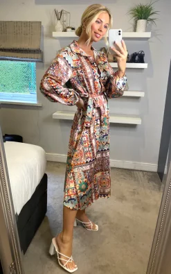 Buy ???? Yumi Patchwork Print Long Sleeve ???? Shirt ???? Dress In Multi ✨